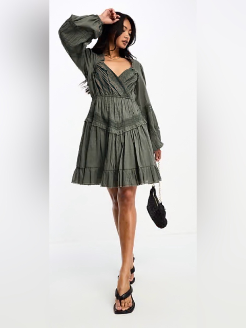 ASOS DESIGN Mini Dress With Lace Trims In Dusky Dark Khaki